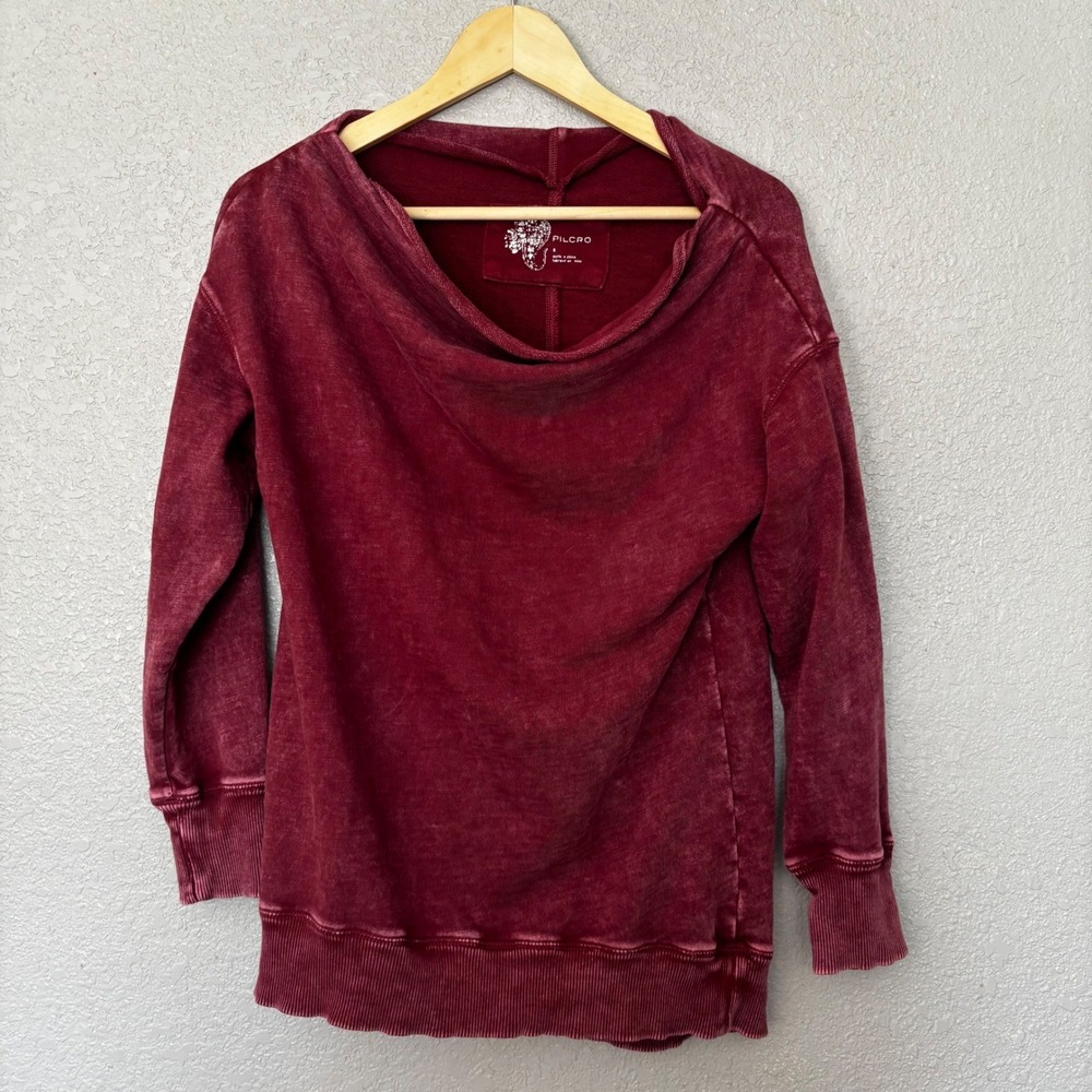 PILCRO Women Burgundy Cowl Neck Distressed Sweatshirt Tunic Top Size S‎